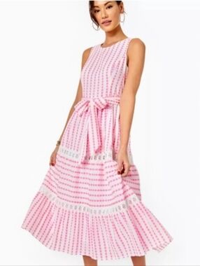 Pink Lilly Pulitzer Pink Striped Ginghsm Tie-Waist Dress